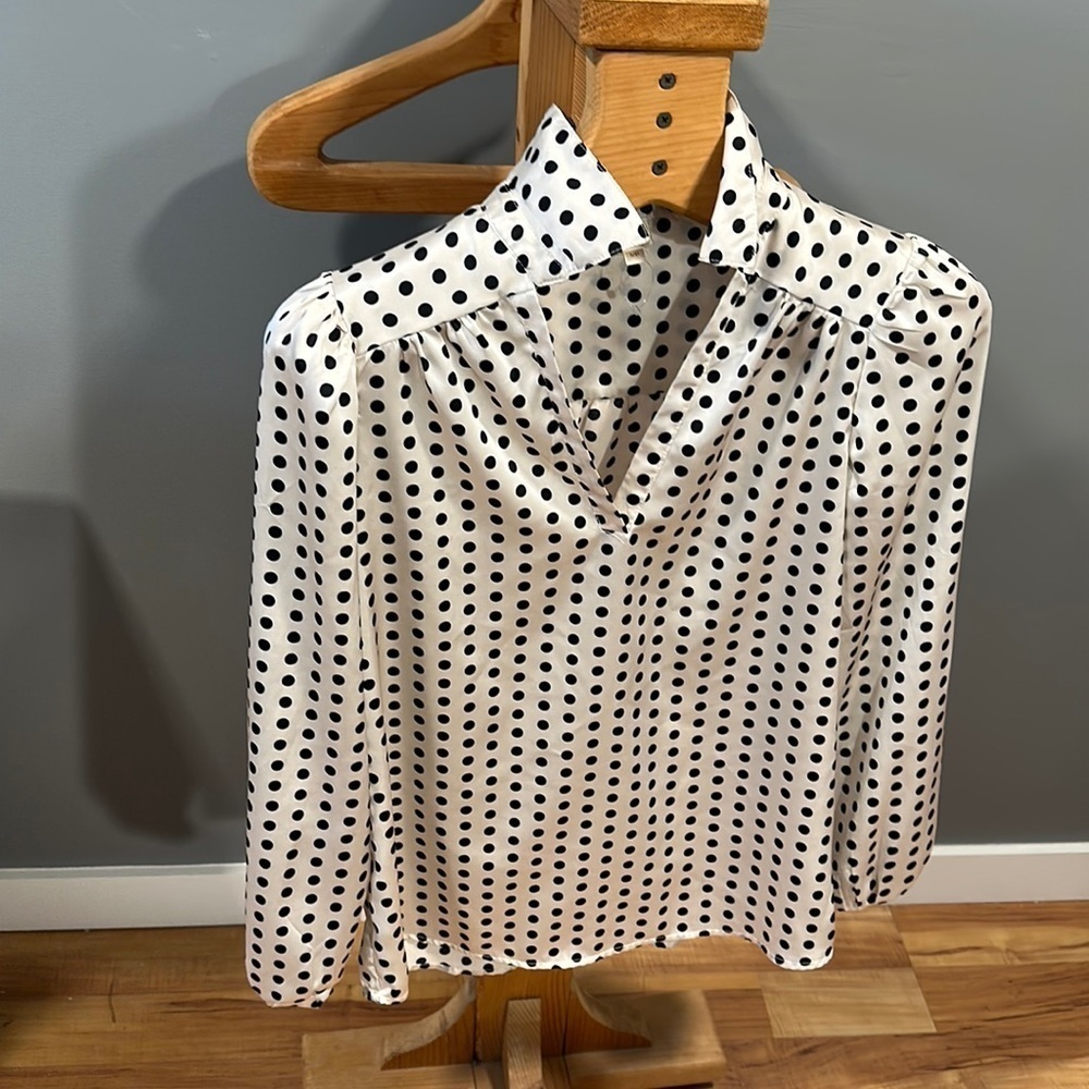 🔥Autres Filles silk cream and black polkadot, blouse V-neck balloon sm NWOT